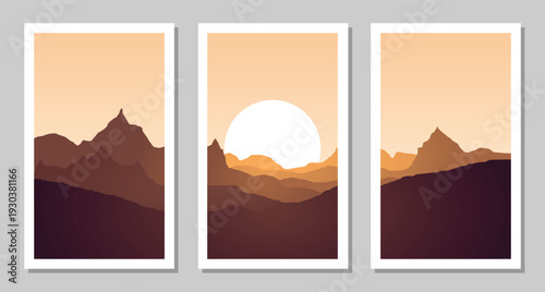 A flat vector Sunset over mountain landscape with golden light