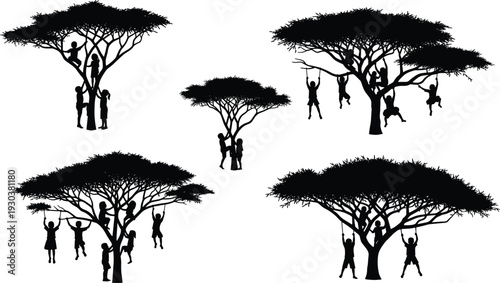 Children climbing and hanging on tree silhouettes set, playful kids outdoor activity scenes, nature playground collection for childhood fun, park recreation and education design