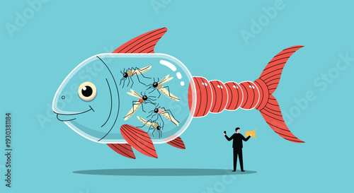 Surprising visual metaphor featuring giant glass fish filled with mosquitoes next to person using megaphone for warning announcement.