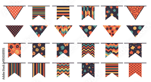 Large collection of colorful festive bunting flags with various patterns including stripes polka dots and floral designs for parties.