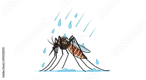 Sad looking mosquito insect standing on ground during heavy rain with water droplets falling on its body on white background.