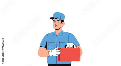 Friendly delivery man or repair worker wearing blue uniform and cap holding red plastic equipment toolbox on white background.