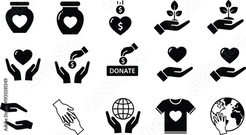 Charity and donation icons set with hands, hearts, money and support symbols, nonprofit aid collection, volunteering and fundraising concept for social care design