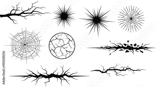 Crack, fracture and burst effect set with broken ground, spider web and explosion shapes, grunge vector illustration isolated on white