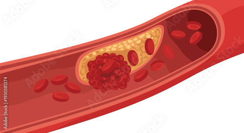 Medical illustration of human blood vessel containing red blood cells and yellow plaque causing blockage or atherosclerosis.