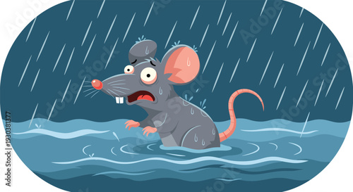 Scared rat standing in rising flood water during heavy rainstorm with raindrops falling into the dark blue water ripples.