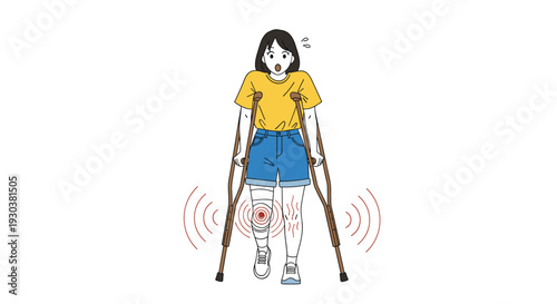 Concerned young woman using wooden crutches to walk with bandage on her injured leg showing red pain area at knee joint.
