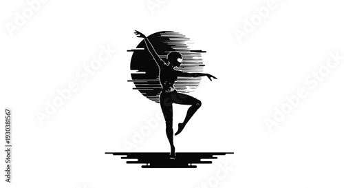 Graceful silhouette of a dancer performing a ballet pose against a stylized moon.