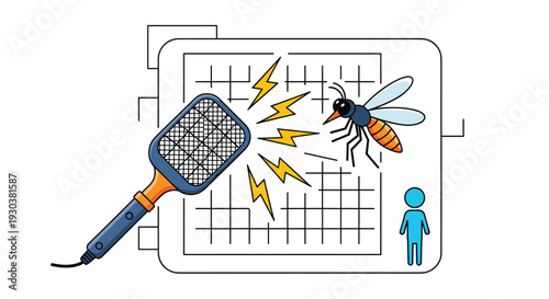 Electric mosquito swatter racket zapping a flying mosquito with yellow electricity sparks on a technical grid background.