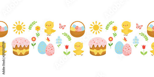Easter seamless border. Holiday border. Spring seamless pattern. Cake, chicken, eggs, foliage, basket