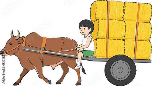 Rural village scene illustration of boy driving bullock cart loaded with hay, flat vector artwork representing farming life, agriculture, tradition, and countryside culture