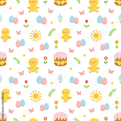 Easter Seamless Pattern. Pastel Easter Repeat Background. Chick, cake, eggs seamless pattern
