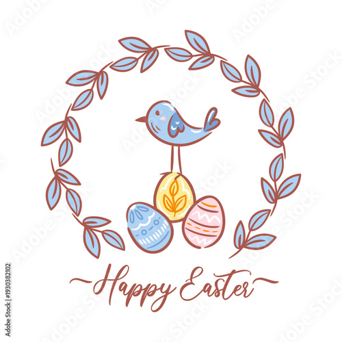 Sketchy vector illustration of an Easter wreath with a bird and eggs. Features hand-drawn textured lines, artistic pencil strokes, and soft watercolor splashes for a rustic, cozy holiday aesthetic.