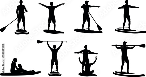 Set of black silhouettes featuring people on stand up paddleboards in various positions for summer vacation sports and outdoor activities,