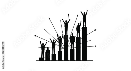 Silhouettes of people celebrating success on rising graph bars, symbolizing achievement and growth.