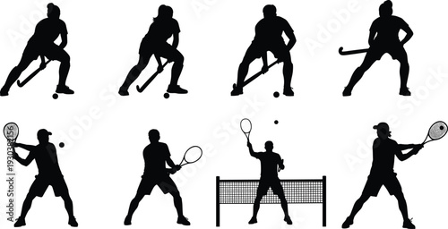 Field hockey and tennis player silhouettes set, athletes in action poses with sticks and rackets, sports activity collection for training, competition and fitness design