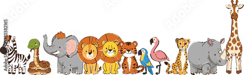 Cute wild animal cartoon collection in flat vector style featuring jungle and safari animals, colorful characters for kids, education, nursery, and children designs