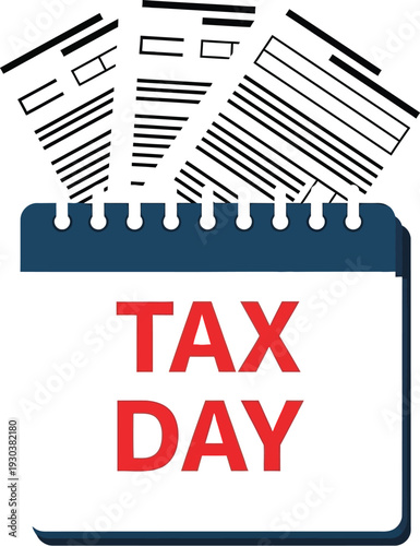 A simple graphic illustration depicting a calendar page for Tax Day with fanned out financial forms and paperwork.