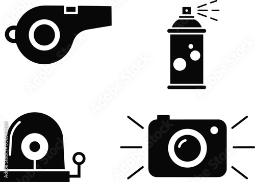 Emergency and alert icons set with whistle, siren, spray and camera flash, warning signal collection for safety, security, police and notification design