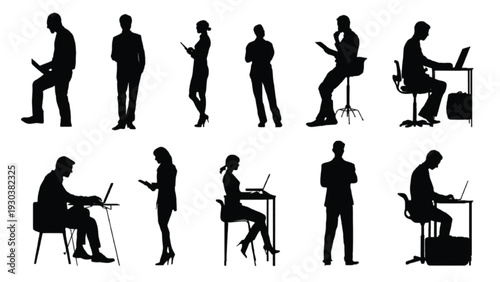 Business professional working silhouettes set, corporate people activity black shape vector collection