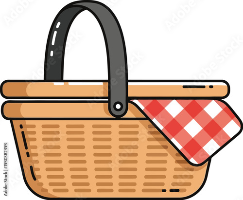 Delightful cartoon illustration of a classic woven picnic basket featuring a red and white checkered cloth, symbolizing outdoor fun and summer outings.