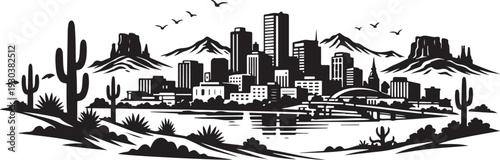 Arizona Desert Skyline Silhouette, Vector Illustration, Isolated on White Background