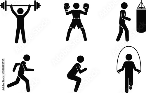 Fitness and workout silhouette icons set with weightlifting, boxing, running, skipping rope and training exercises, gym activity collection for sports and health design