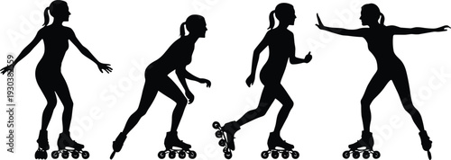 Black Silhouette Set of Female Inline Skaters in Various Action Poses and Rollerblading Movements Isolated on White Background for Sports and Active Lifestyle Designs