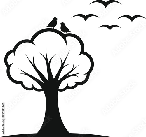 Stylized black tree illustration featuring two birds perched on its top, with additional birds flying gracefully in the background, symbolizing nature's beauty.