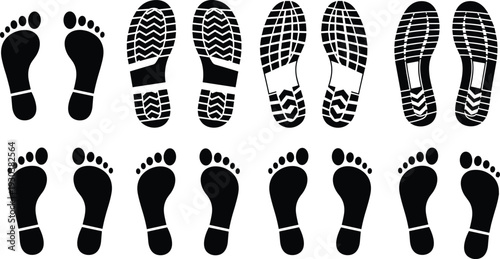 Footprint and shoe sole print silhouette set with barefoot and tread patterns, walking track symbols vector illustration isolated on white