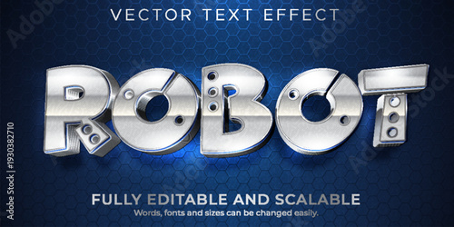 A shiny metallic robot text effect on a dark blue background with a hexagonal pattern