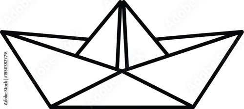 Simple black line art icon representing a classic folded paper origami boat design floating isolated on white