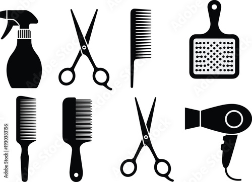 Hair salon tools silhouette icon set with scissors, comb, spray bottle and dryer, barber equipment vector illustration isolated