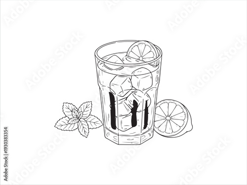 Refreshing lemon mint infused drink with ice cubes in glass