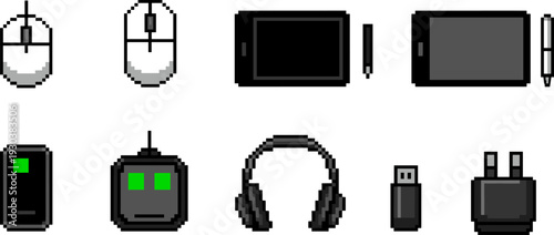 Pixel art digital device icon set, mouse tablet smartphone headset usb charger vector illustration isolated