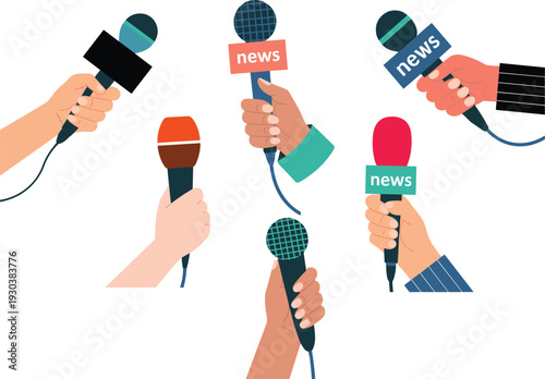 Journalist microphones in hands set with news labels, media interview concept, press conference reporting vector illustration isolated on white background