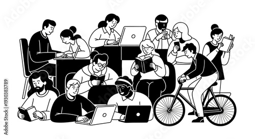 Diverse group of people working, studying, reading, and interacting with technology. Modern community collaboration concept.