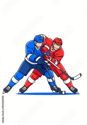 Aggressive hockey players competing for puck possession