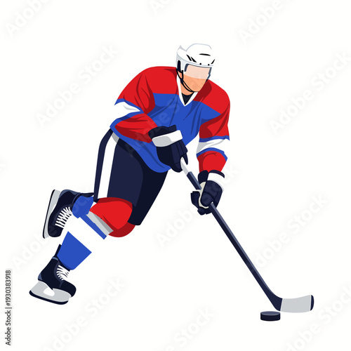 Professional hockey player in red and blue jersey skating with puck
