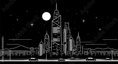 Pixel Art City Skyline at Night with Modern Skyscrapers, Full Moon, Stars, and Cars on a Road in Monochrome