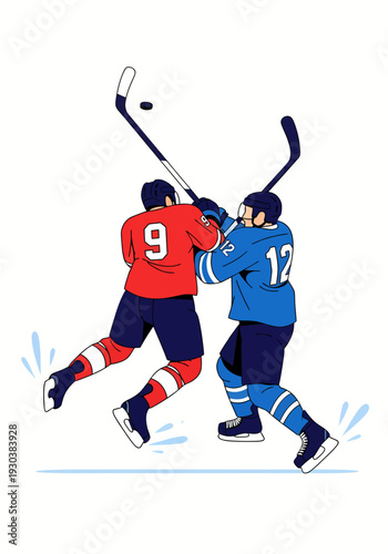 Two ice hockey players battling for puck possession in mid air