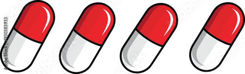 Medicine capsule pills set with red and white tablets, pharmaceutical drug illustration, healthcare medication concept isolated for pharmacy, treatment and medical design