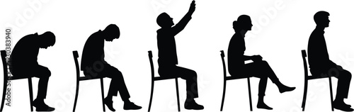 Black Silhouette Set of People Sitting on Chairs in Various Poses Including Slumping Tired Reaching and Alert Positions Isolated on White Background for Ergonomics