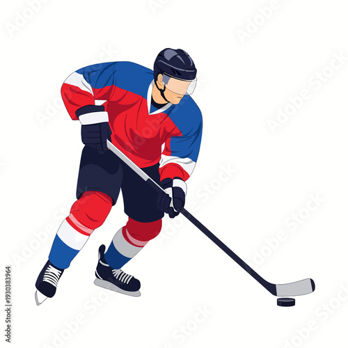 Dynamic ice hockey forward handling puck with focused expression
