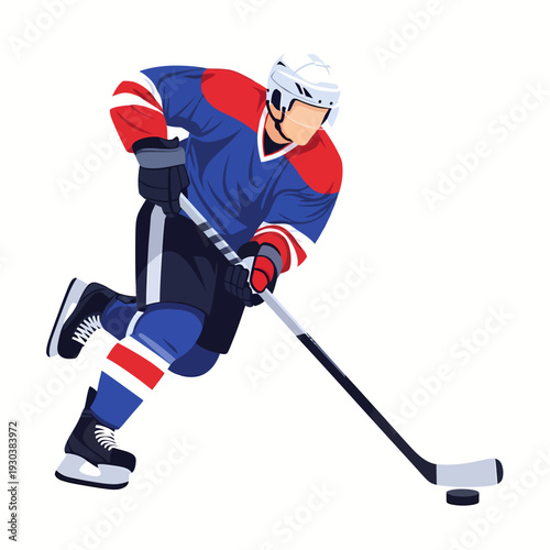 Ice hockey athlete in full gear controlling puck during game