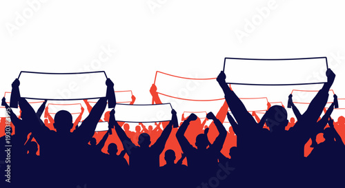 Silhouette of hockey fans cheering with blank banners in stadium