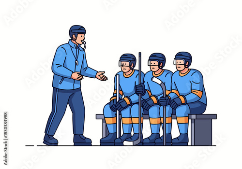 Ice hockey mentor giving tactical advice to team during break