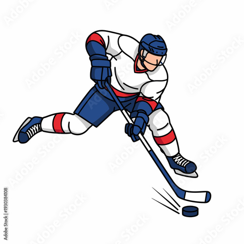 Ice hockey forward player in action pose with puck