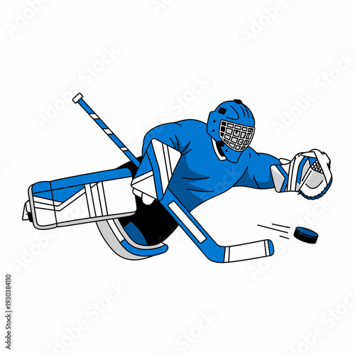 Hockey netminder diving to block puck on ice
