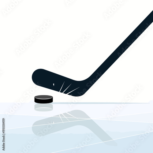 Close up of hockey stick and puck on ice reflection